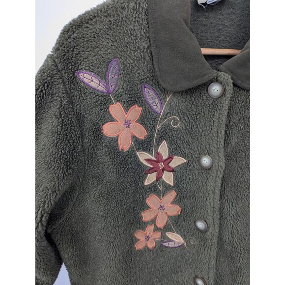 Vintage Green Floral Faux Fleece Teddi Button Close Flower Coat Jacket Size L - Picture 4 of 5